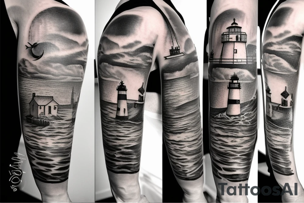 Cool half-sleeve tattoo with a lighthouse tattoo idea