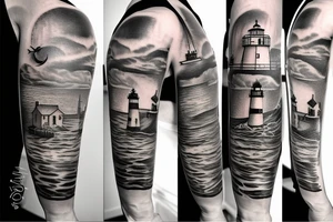 Cool half-sleeve tattoo with a lighthouse tattoo idea