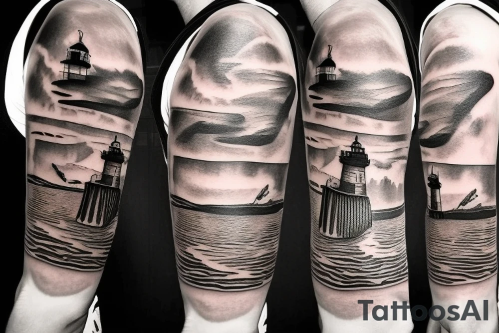 Cool half-sleeve tattoo with a lighthouse tattoo idea