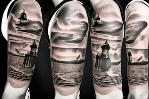 Cool half-sleeve tattoo with a lighthouse tattoo idea