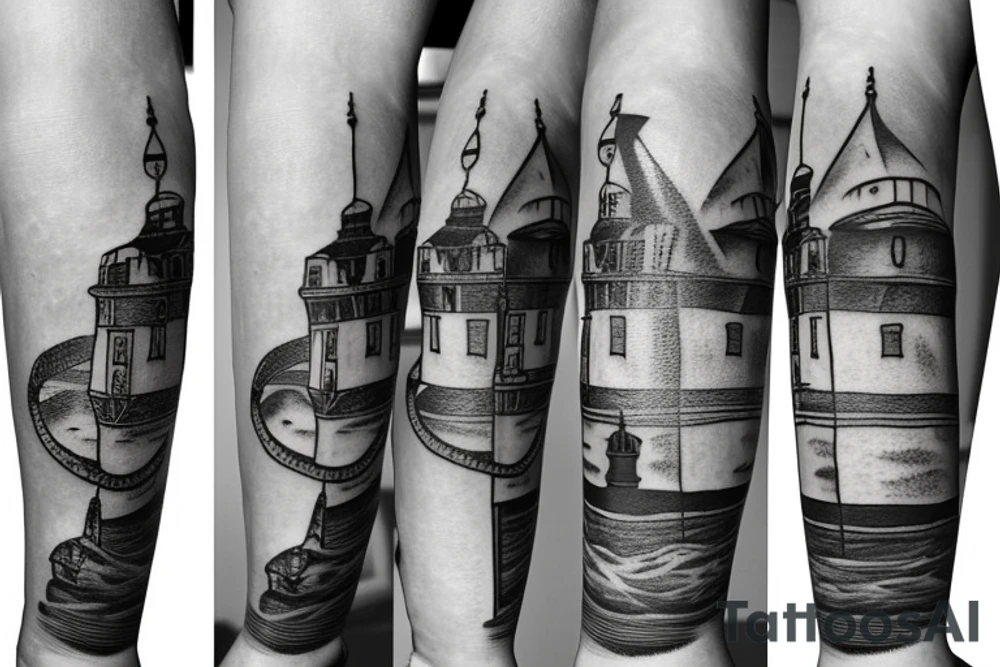 Cool half-sleeve tattoo with a lighthouse tattoo idea Cool half-sleeve tattoo with a lighthouse tattoo idea
