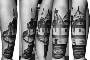 Cool half-sleeve tattoo with a lighthouse tattoo idea