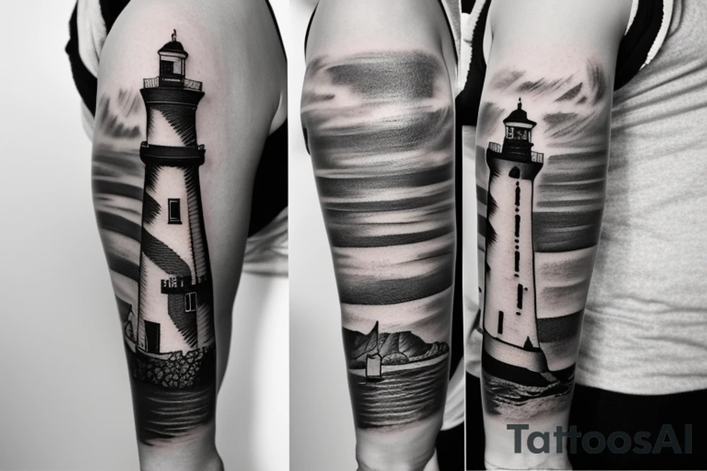 Cool half-sleeve tattoo with a lighthouse tattoo idea Cool half-sleeve tattoo with a lighthouse tattoo idea