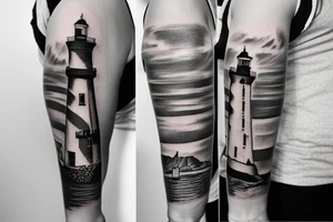 Cool half-sleeve tattoo with a lighthouse tattoo idea