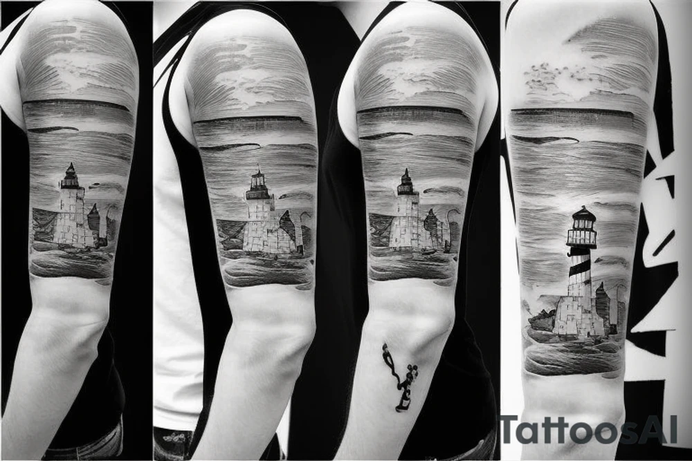 Cool half-sleeve tattoo with a lighthouse tattoo idea