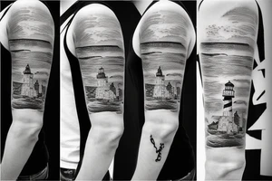 Cool half-sleeve tattoo with a lighthouse tattoo idea