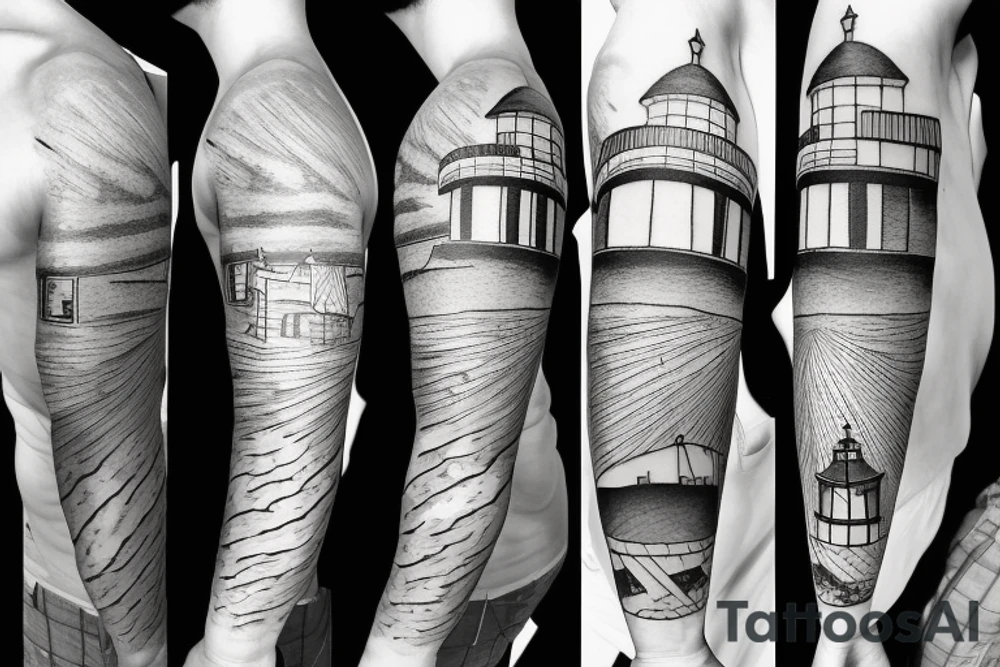 Cool half-sleeve tattoo with a lighthouse tattoo idea