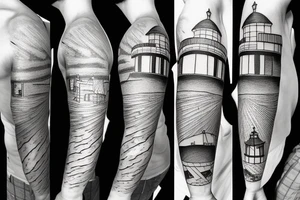 Cool half-sleeve tattoo with a lighthouse tattoo idea