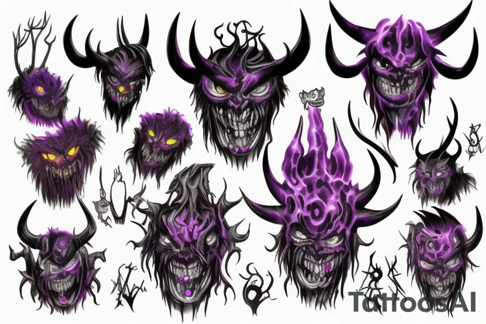 Glowing Witg Madness Eye Of Darkness surrounded by multiple eyes, demonic purple-red skin with big claws and arms, black-white horns tattoo idea