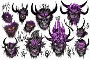 Glowing Witg Madness Eye Of Darkness surrounded by multiple eyes, demonic purple-red skin with big claws and arms, black-white horns tattoo idea