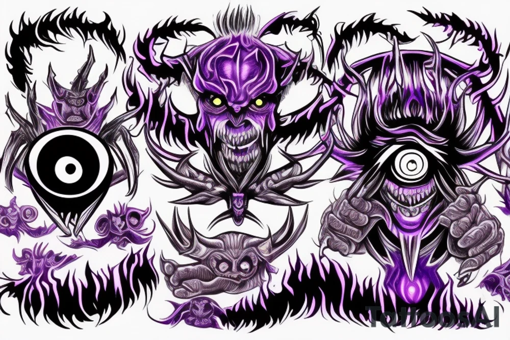 Glowing Witg Madness Eye Of Darkness surrounded by multiple eyes, demonic purple-red skin with big claws and arms, black-white horns tattoo idea