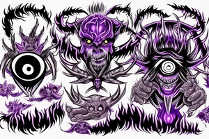 Glowing Witg Madness Eye Of Darkness surrounded by multiple eyes, demonic purple-red skin with big claws and arms, black-white horns tattoo idea