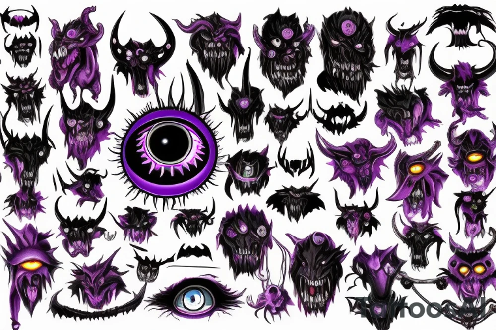 Glowing Witg Madness Eye Of Darkness surrounded by multiple eyes, demonic purple-red skin with big claws and arms, black-white horns tattoo idea