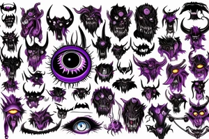 Glowing Witg Madness Eye Of Darkness surrounded by multiple eyes, demonic purple-red skin with big claws and arms, black-white horns tattoo idea