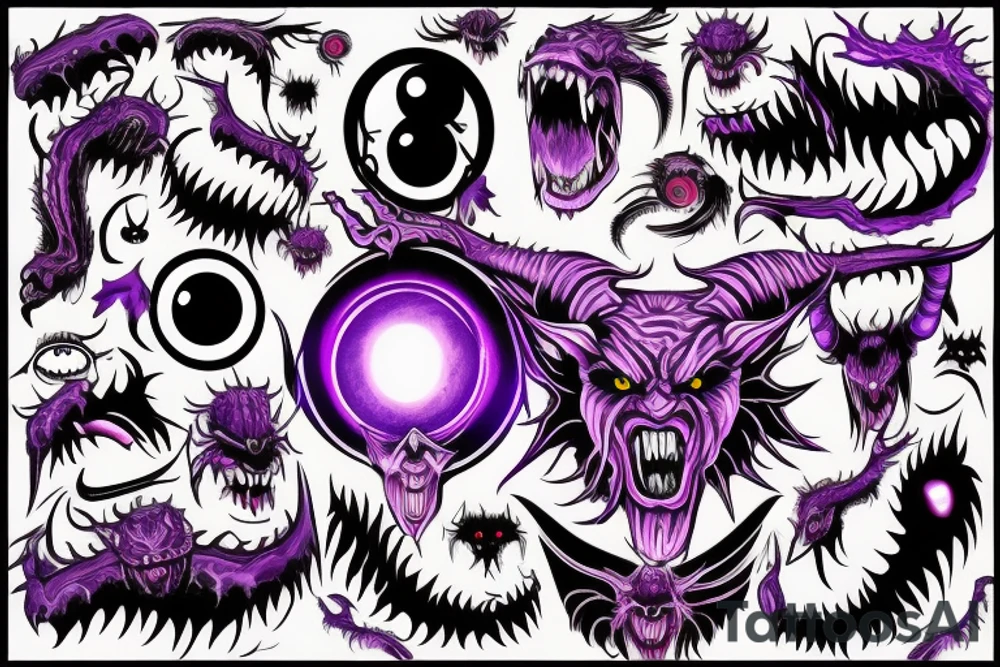 Glowing Witg Madness Eye Of Darkness surrounded by multiple eyes, demonic purple-red skin with big claws and arms, black-white horns tattoo idea