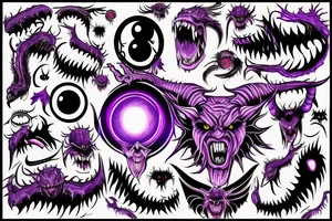 Glowing Witg Madness Eye Of Darkness surrounded by multiple eyes, demonic purple-red skin with big claws and arms, black-white horns tattoo idea