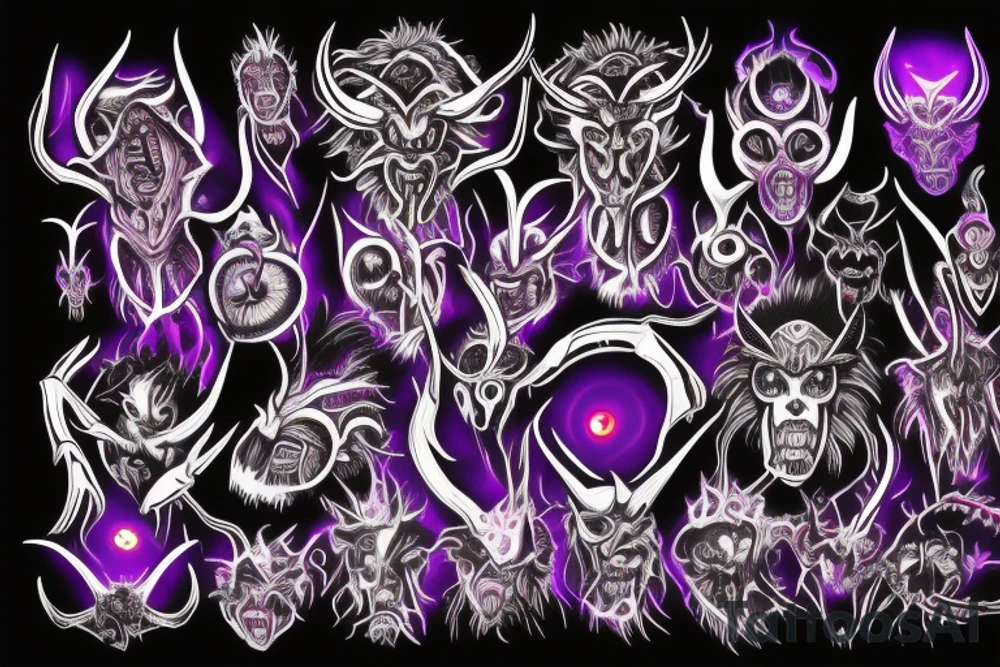Glowing Witg Madness Eye Of Darkness surrounded by multiple eyes, demonic purple-red skin with big claws and arms, black-white horns tattoo idea