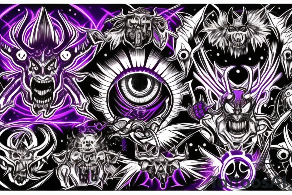 Glowing Witg Madness Eye Of Darkness surrounded by multiple eyes, demonic purple-red skin with big claws and arms, black-white horns tattoo idea