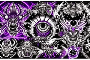 Glowing Witg Madness Eye Of Darkness surrounded by multiple eyes, demonic purple-red skin with big claws and arms, black-white horns tattoo idea
