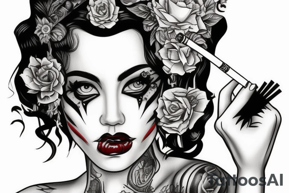 harley queen aggressive look with a cigarette tattoo idea