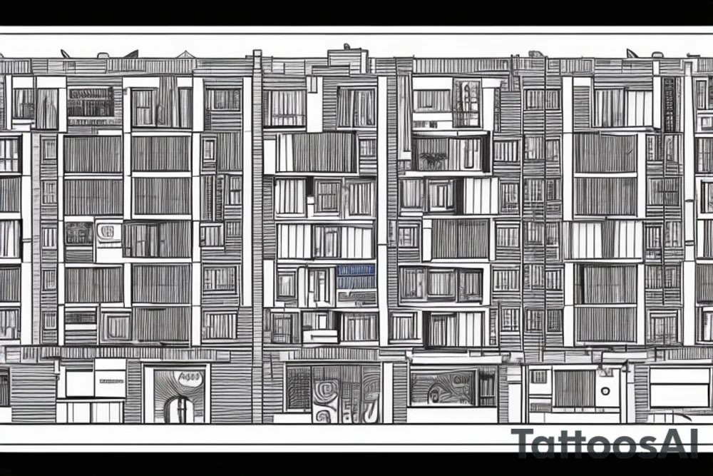 post-Soviet nine-story panel building with residential apartments near the forest tattoo idea