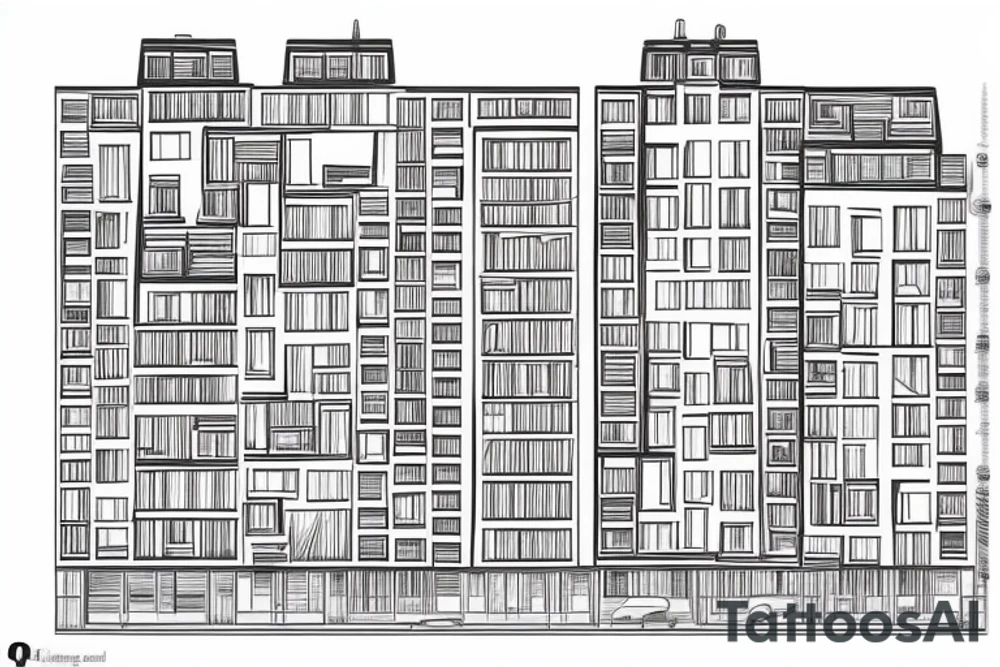 post-Soviet nine-story panel building with residential apartments near the forest tattoo idea