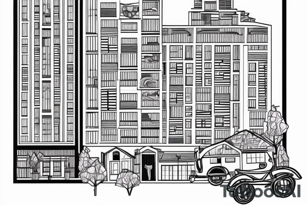 post-Soviet nine-story panel building with residential apartments near the forest tattoo idea