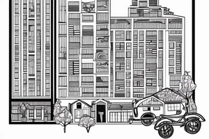 post-Soviet nine-story panel building with residential apartments near the forest tattoo idea