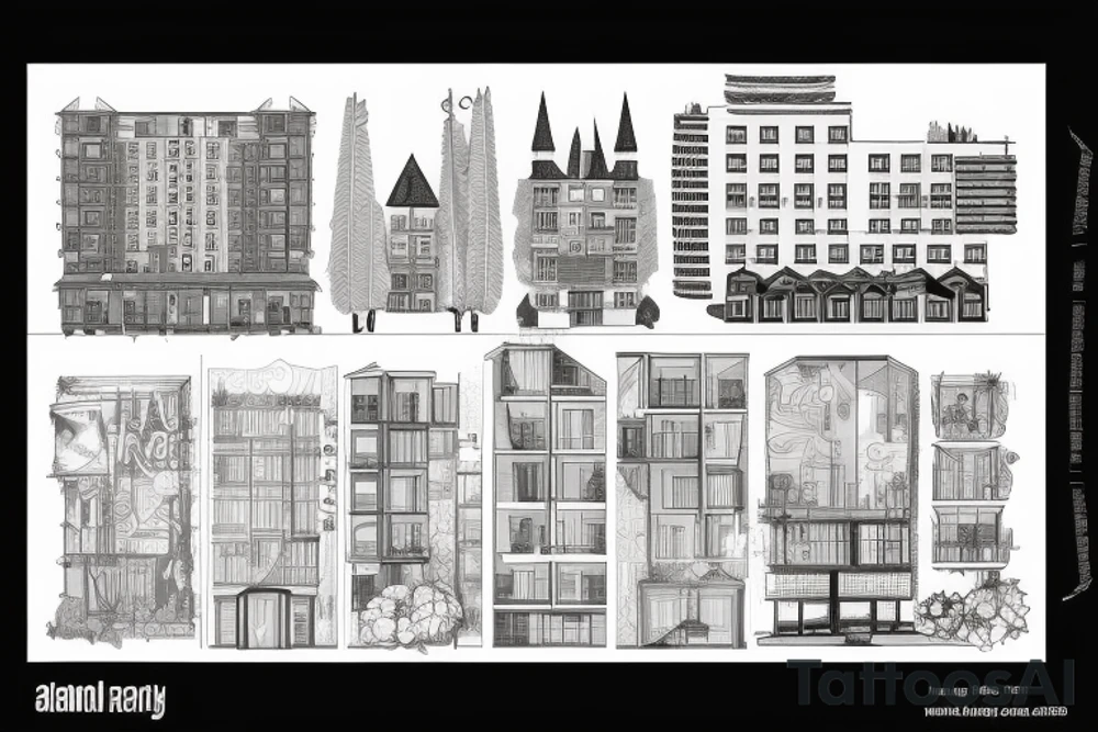 post-Soviet nine-story panel building with residential apartments near the forest tattoo idea