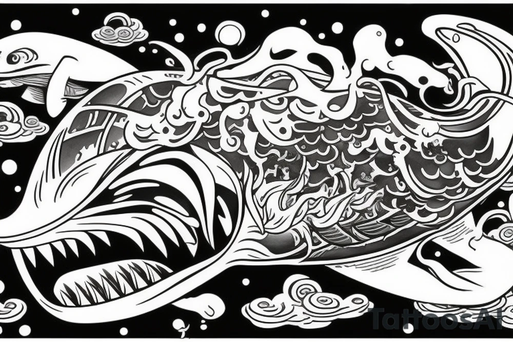 Angry whale flying away from a boneyard tattoo idea