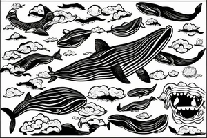 Angry whale flying away from a boneyard tattoo idea