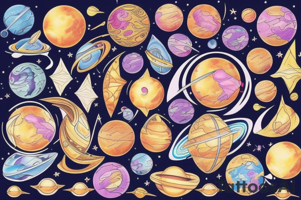 celestial bodies with vivid colors tattoo idea