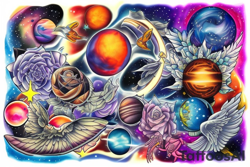 celestial bodies with vivid colors tattoo idea