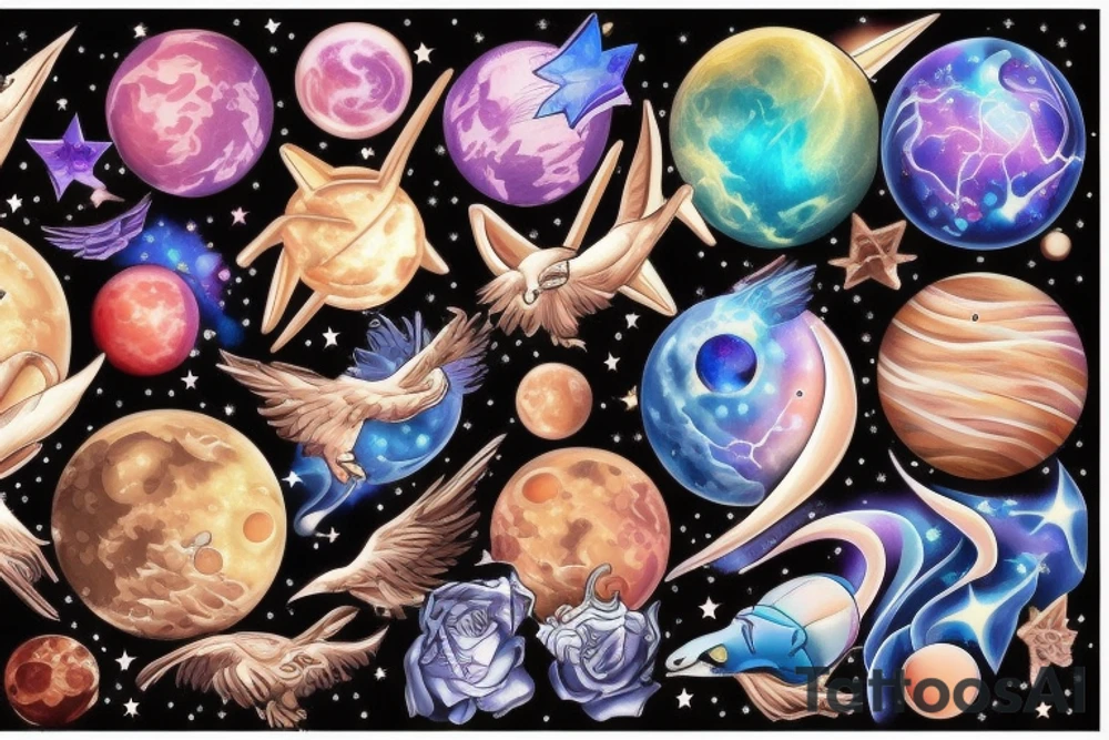 celestial bodies with vivid colors tattoo idea