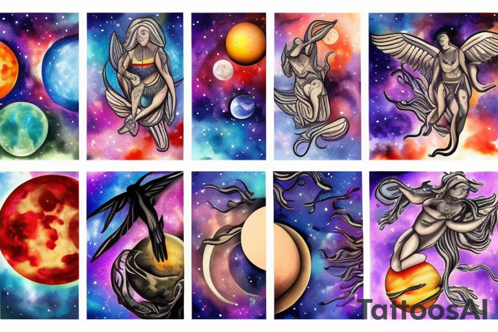 celestial bodies with vivid colors tattoo idea