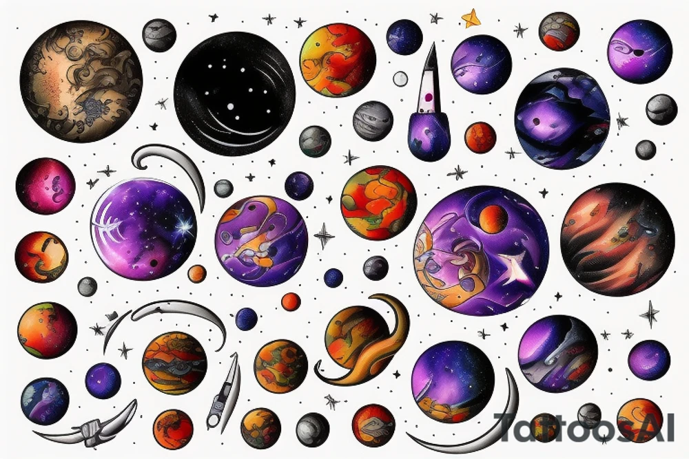 celestial bodies with vivid colors tattoo idea