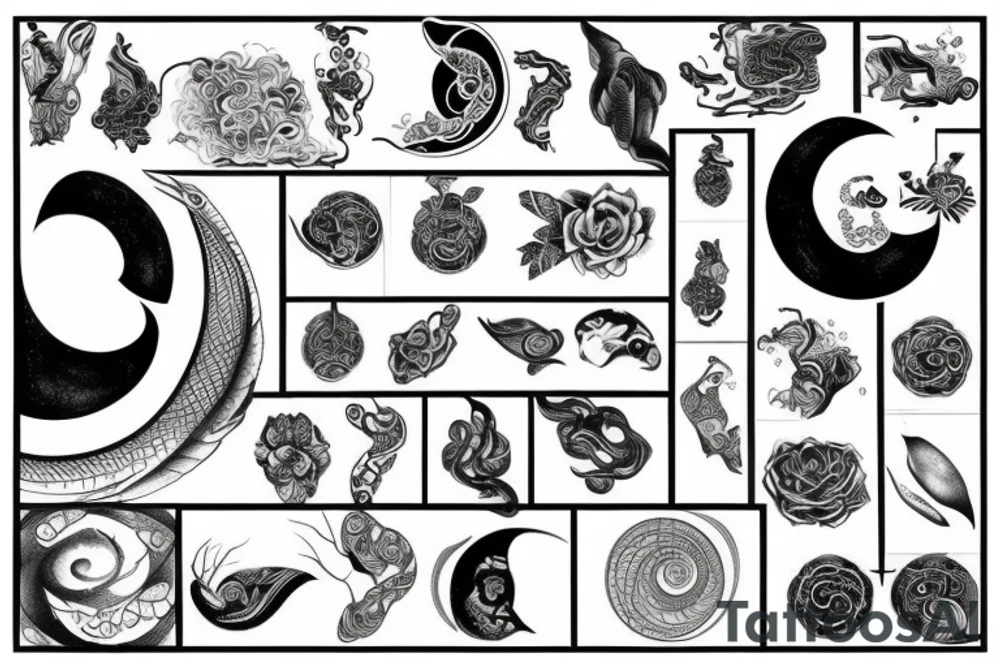 Scales, yin and yang, numbers 369 and twig tattoo idea