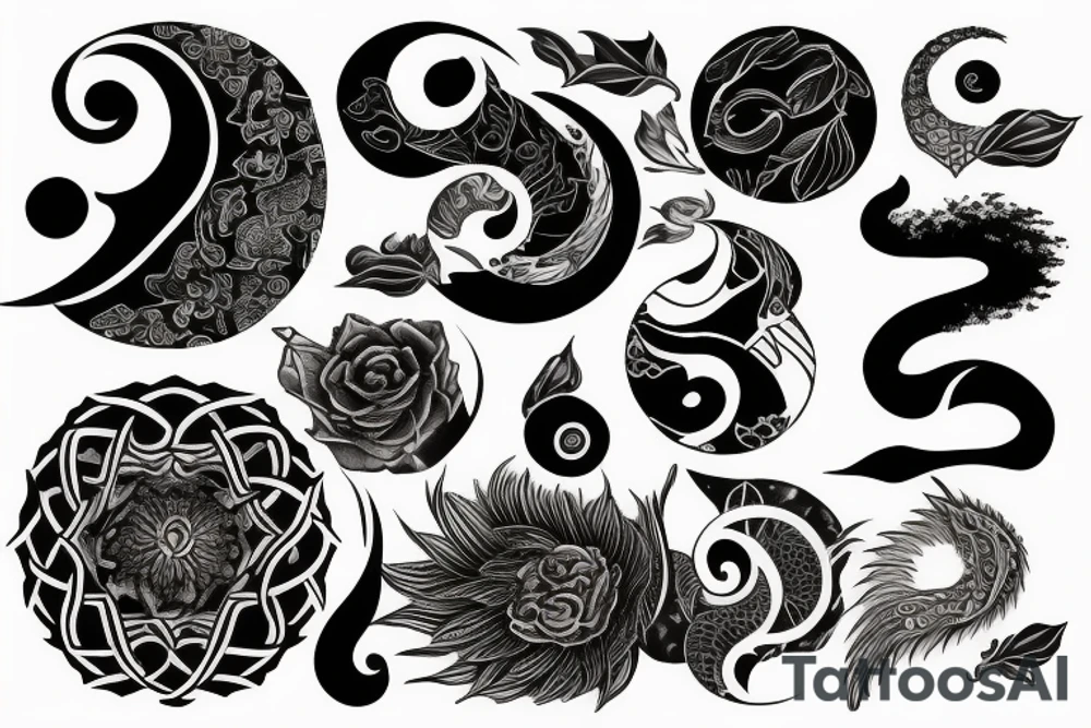 Scales, yin and yang, numbers 369 and twig tattoo idea