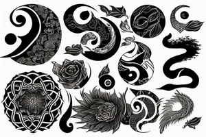 Scales, yin and yang, numbers 369 and twig tattoo idea