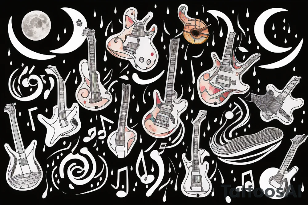 guitar, musical notes, moon, rain tattoo idea