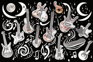 guitar, musical notes, moon, rain tattoo idea