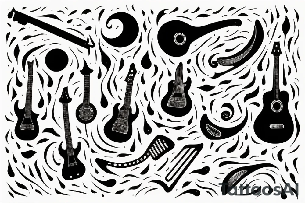 guitar, musical notes, moon, rain tattoo idea