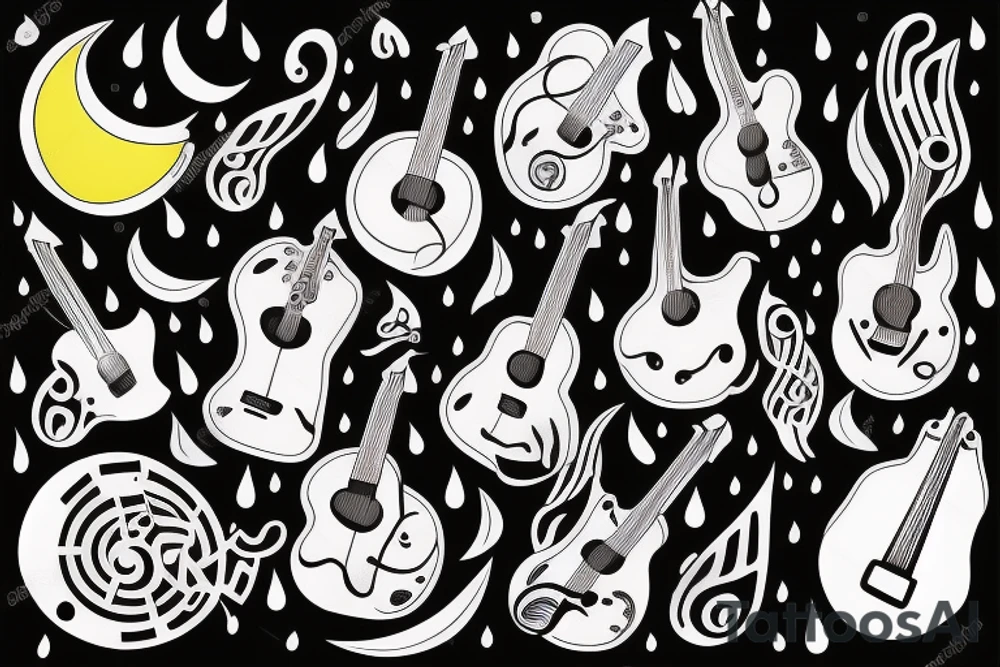 guitar, musical notes, moon, rain tattoo idea