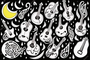 guitar, musical notes, moon, rain tattoo idea