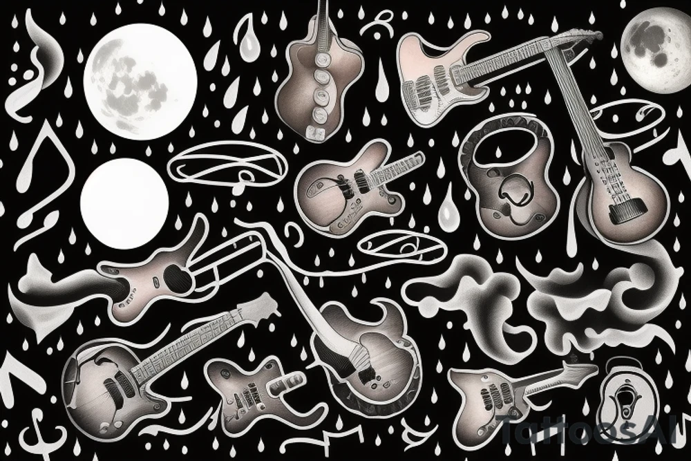 guitar, musical notes, moon, rain tattoo idea