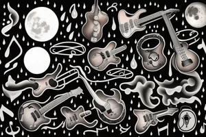 guitar, musical notes, moon, rain tattoo idea
