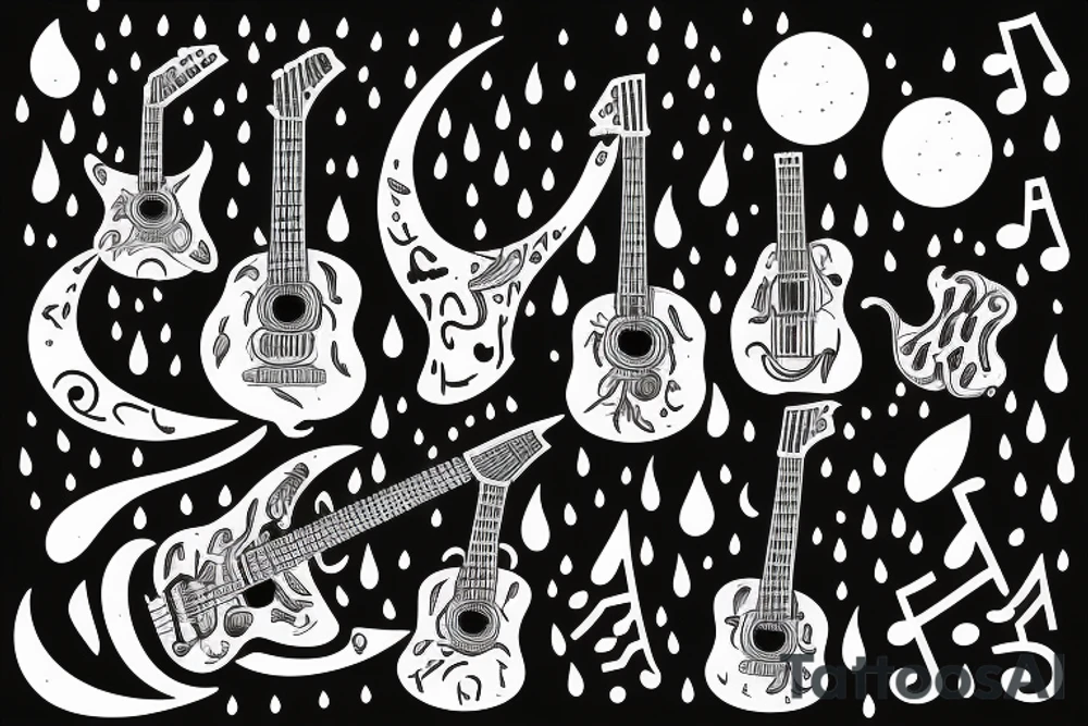guitar, musical notes, moon, rain tattoo idea