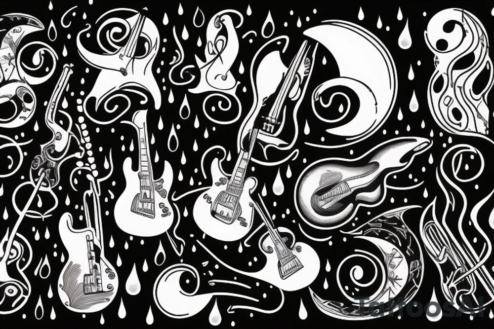 guitar, musical notes, moon, rain tattoo idea