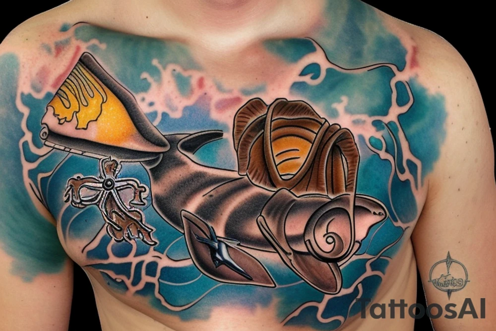 Brown dog lab mix memorial flowing into ocean themed chest piece with hammerhead sharks and seashell with 7-18-18 inside and tornados on the surface with a reference to a Pearl Jam song tattoo idea