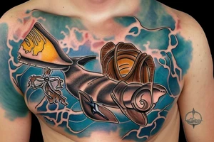 Brown dog lab mix memorial flowing into ocean themed chest piece with hammerhead sharks and seashell with 7-18-18 inside and tornados on the surface with a reference to a Pearl Jam song tattoo idea